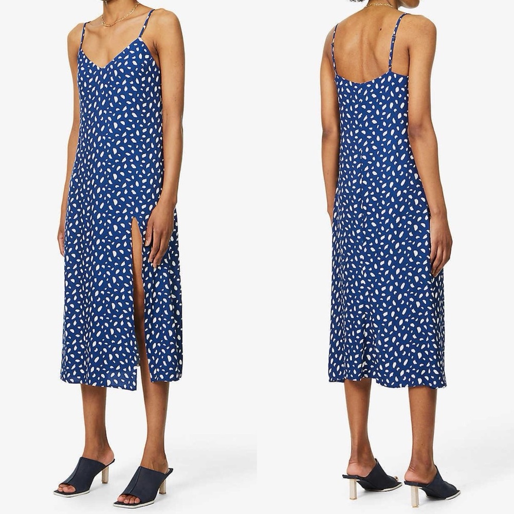 Reformation Crimini Moray Blue Polka Dot Print Thigh Slit Midi Dress Size 4